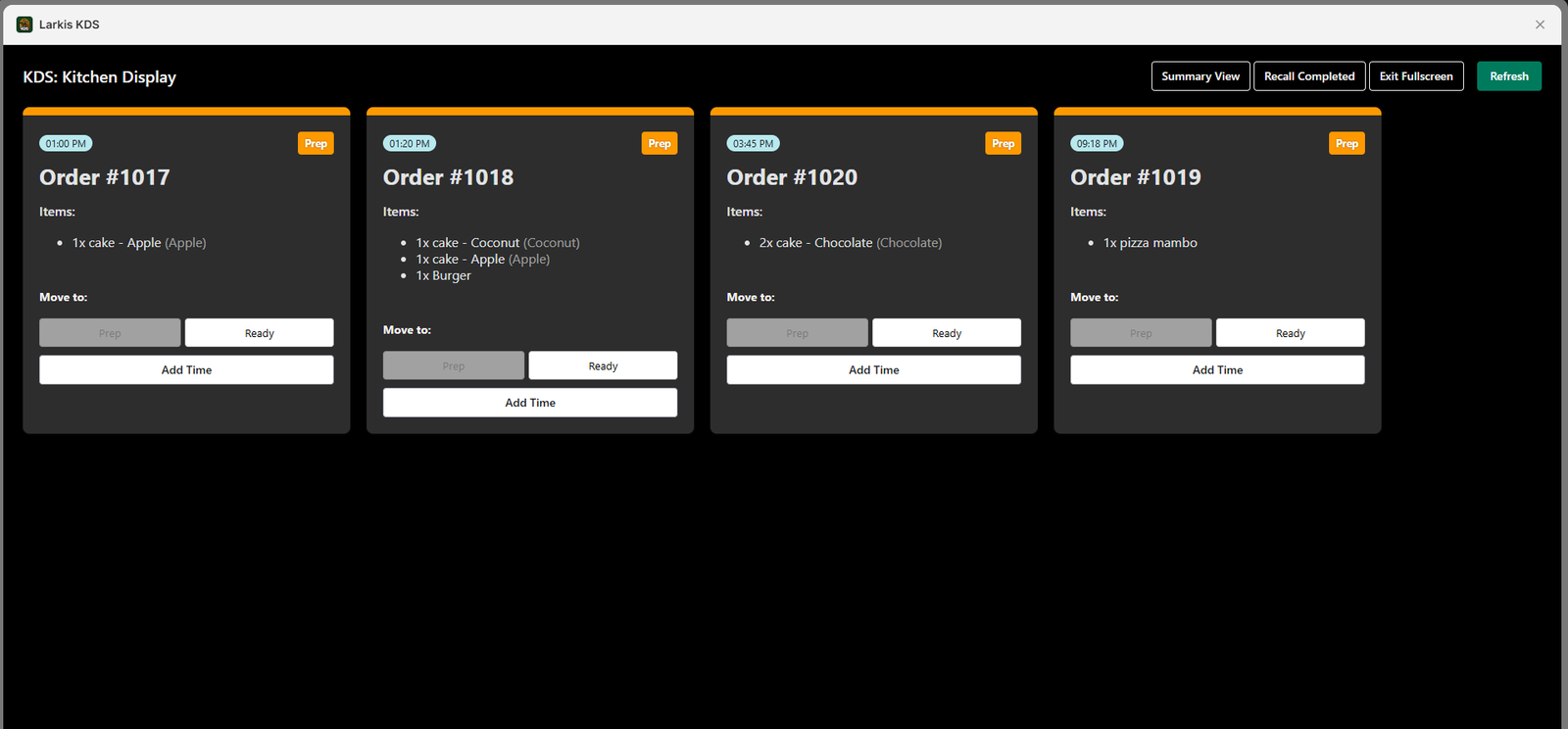 Larkis KDS dark mode showing four live Shopify kitchen orders