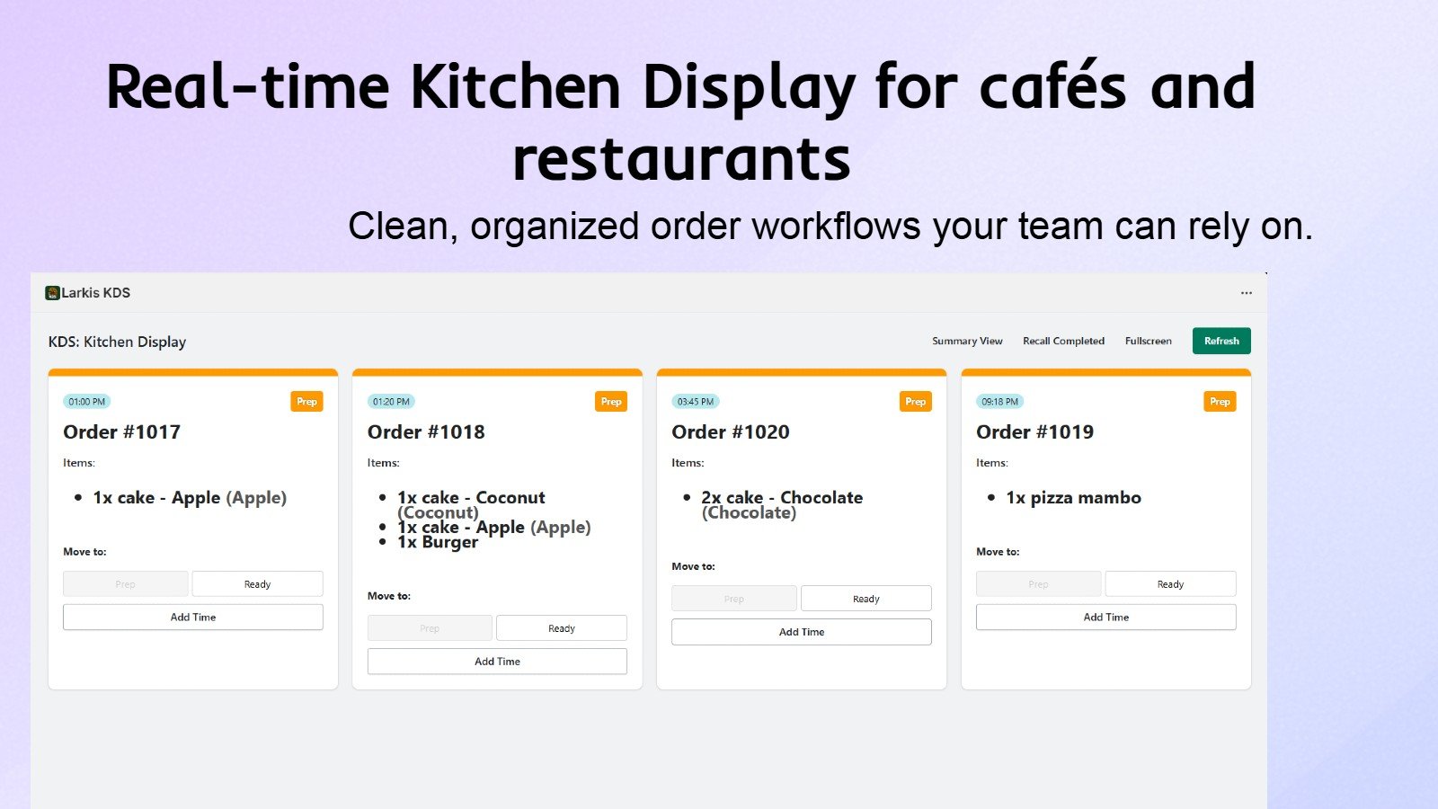 Larkis KDS workflow for Shopify café and pickup orders